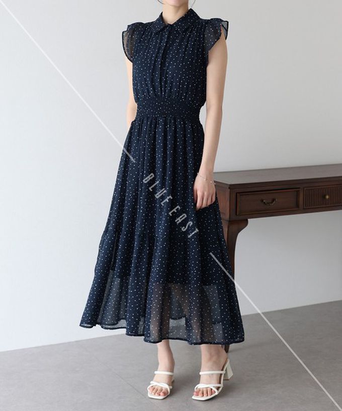 日本 BLUE EAST - 甜美雪紡束腰小荷葉短袖洋裝-碎花-象牙白 (M)