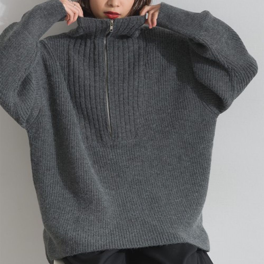 優雅線條感半拉鍊長版針織高領上衣-炭灰