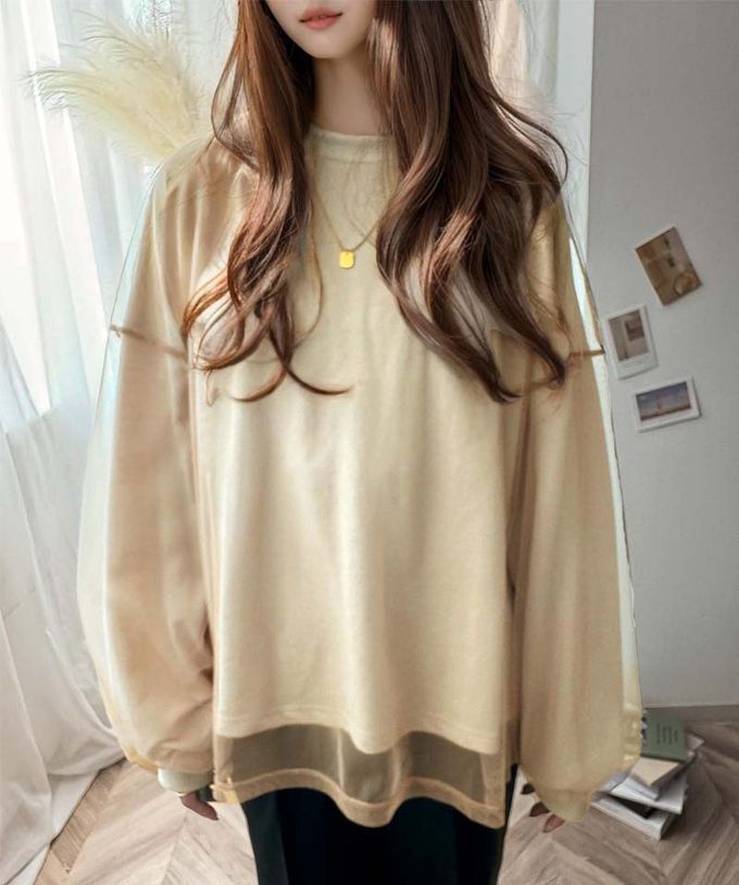 日本 Classical Elf - Java 透膚薄紗層次上衣-背後標籤印花-杏