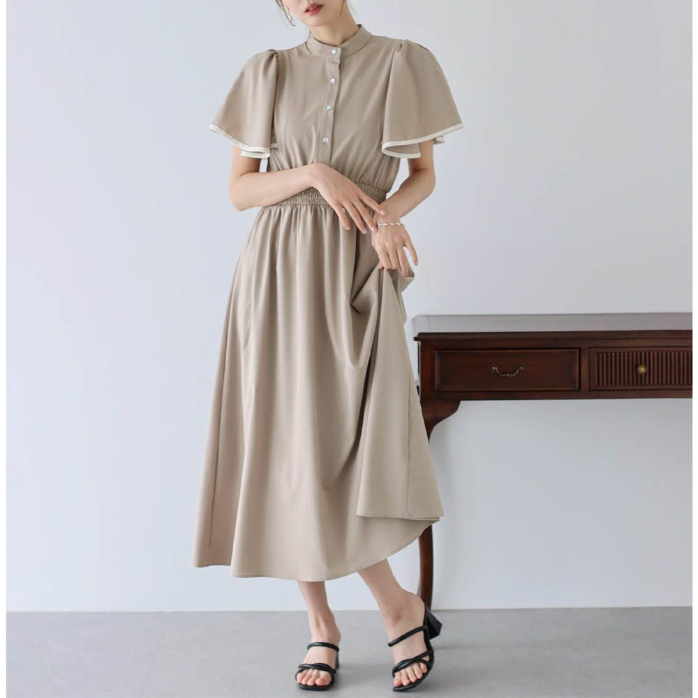 浪漫時光碎花雪紡短袖洋裝-素色-卡其