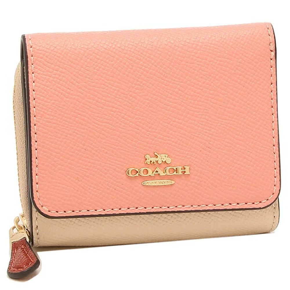 防刮皮革三折短夾 (粉桔卡撞色)