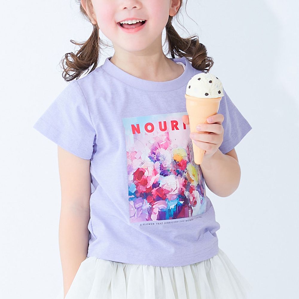 吸汗速乾涼感 可愛印花短袖上衣-花朵寫真-藍紫