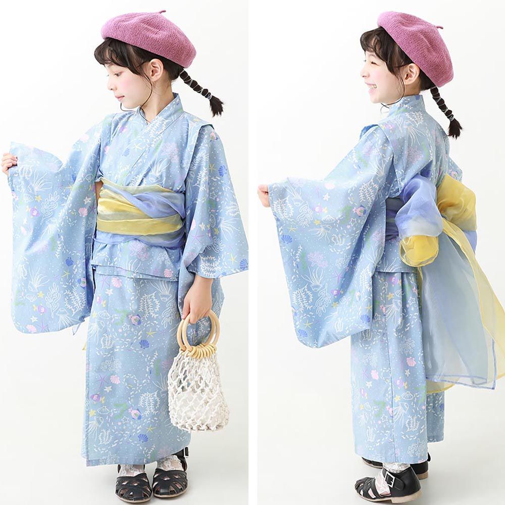 日本 devirock - 上下穿搭式浴衣華麗4件組-繽紛貝殼-水藍