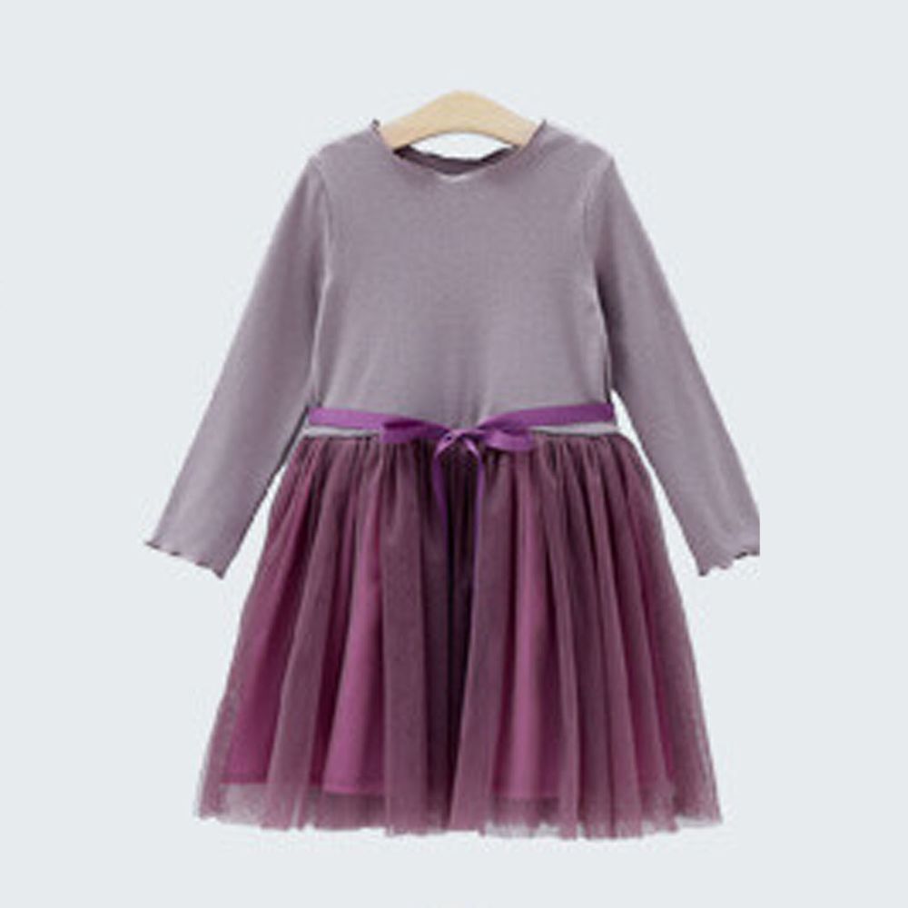 日本 Maison de Ravi - 羅紋薄紗拼接長袖洋裝-21'-星塵紫