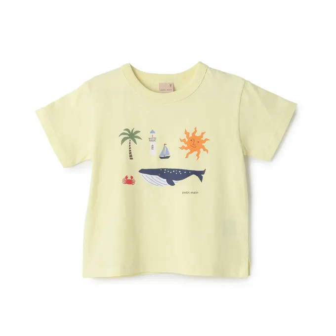 日本 petit main - 100%棉 可愛百搭短袖上衣-沙灘跑車-米杏