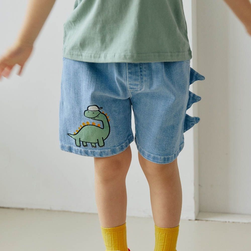 鬆緊腰恐龍角裝飾短褲-淺藍