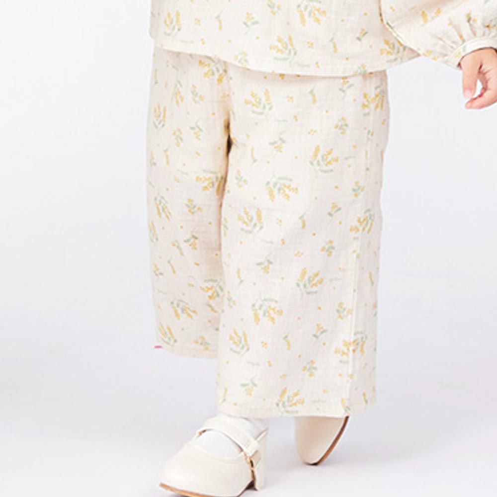 日本 ZOOLAND - 純棉滿版花卉9分寬褲-黃卡其
