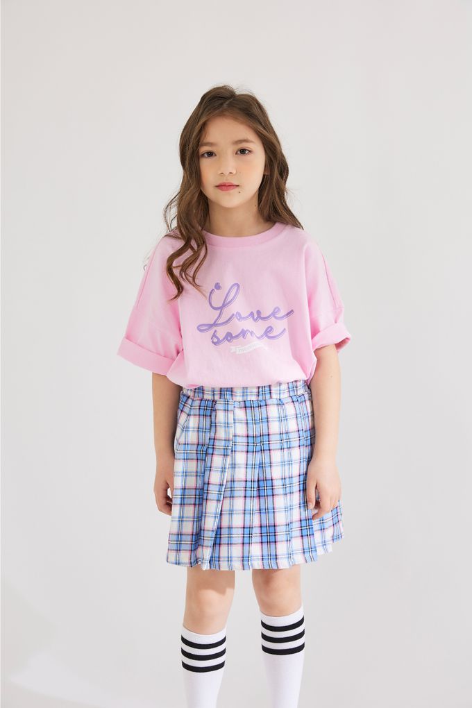 韓國 INDIVIDUEL - 鬆緊腰格子百摺短裙-藍X白