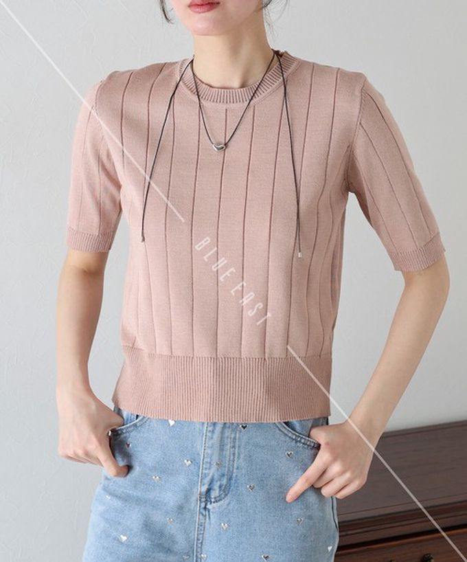 日本 BLUE EAST - 羅紋彈性薄針織五分袖上衣-水藍