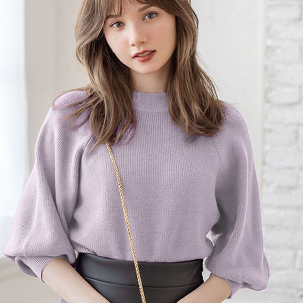 日本 GRL - 小高圓領七分袖薄款針織上衣-淺紫