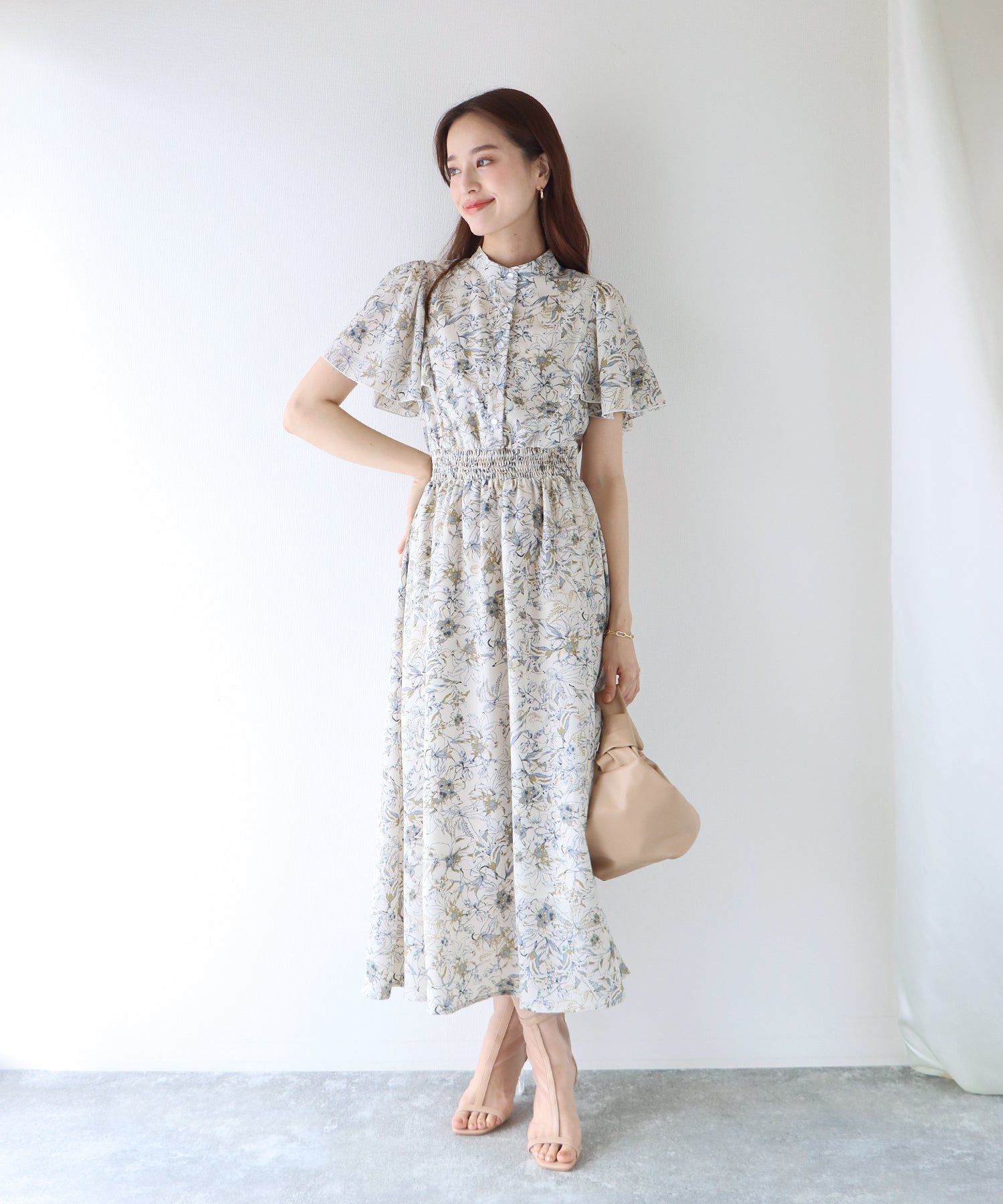 日本 BLUE EAST - 浪漫時光碎花雪紡短袖洋裝-寧靜花園-淺粉紫