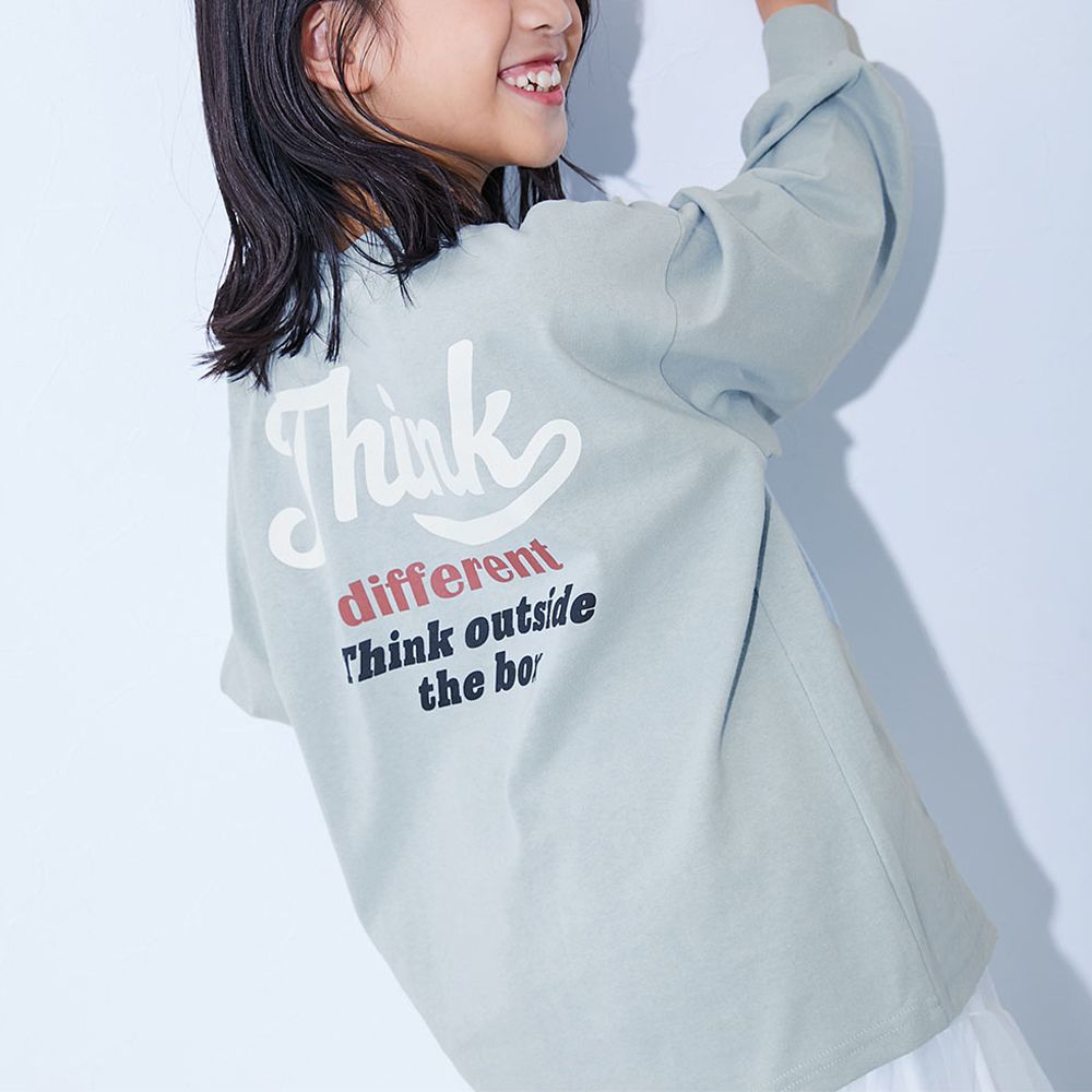 100%棉 女孩寬版長袖T恤-背後標語-灰綠