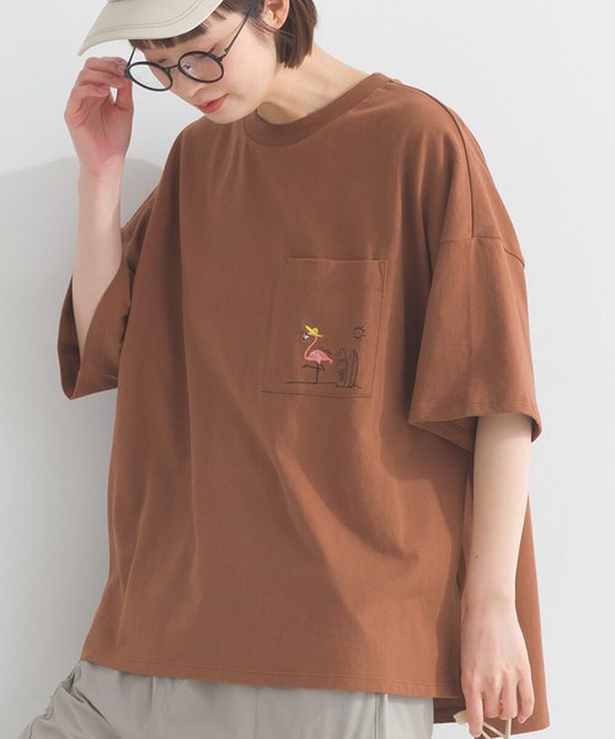 日本 Lupilien - 16支天竺棉俏皮動物刺繡大口袋短袖T恤-海軍藍