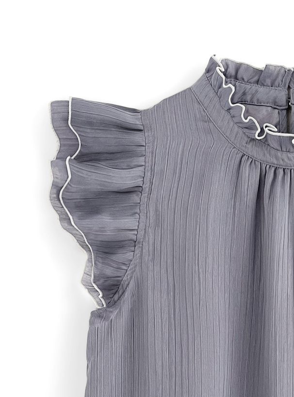 日本 GRL - 甜美細摺木耳卷邊無袖上衣-灰藍 (F)