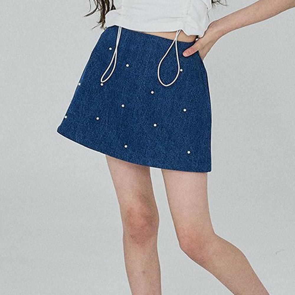 韓國 FORK CHIPS - 鬆緊腰珍珠點綴丹寧褲裙-深藍