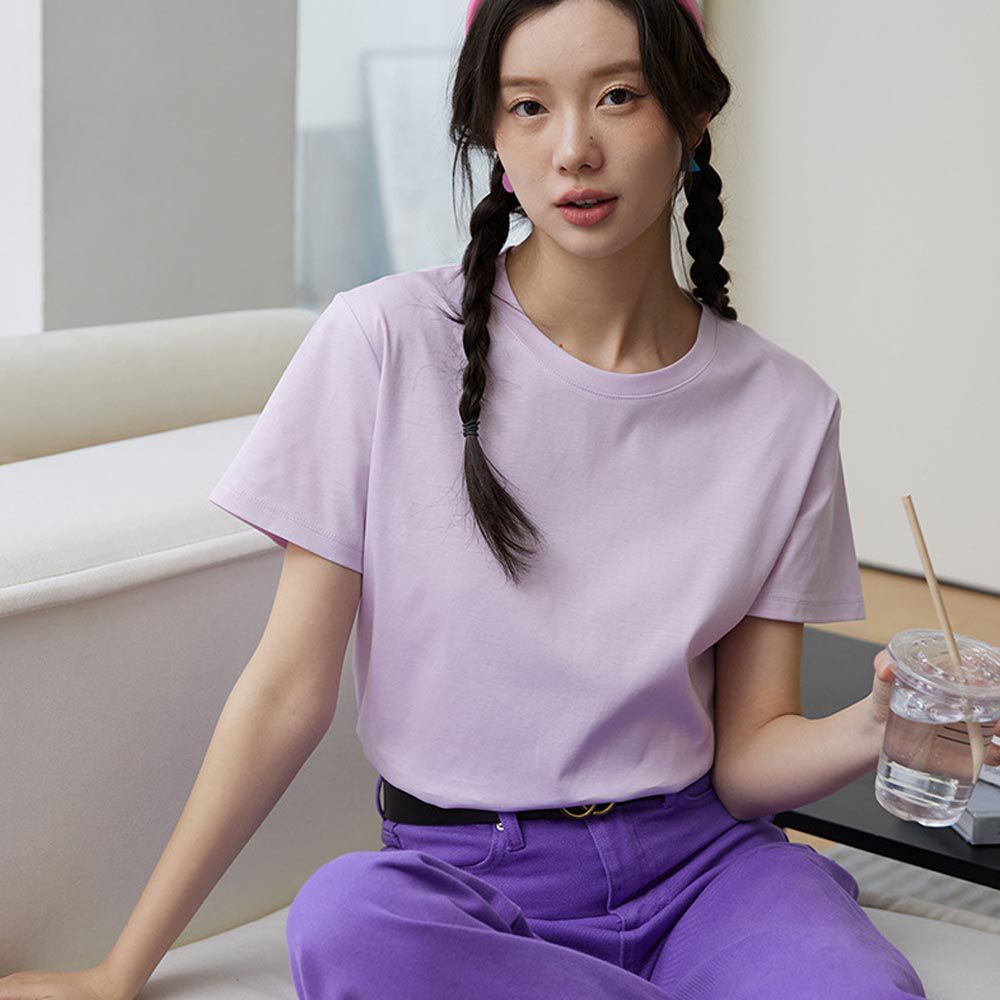 KPUWARM - 糖果色絲光棉圓領短袖上衣-紫色