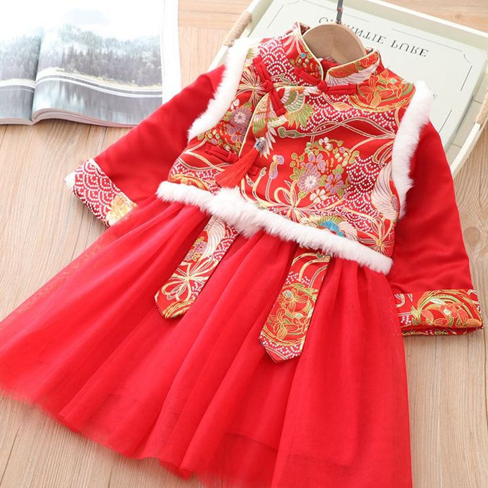 鳳舞背心唐裝紗裙-加厚款洋裝＋背心-紅色
