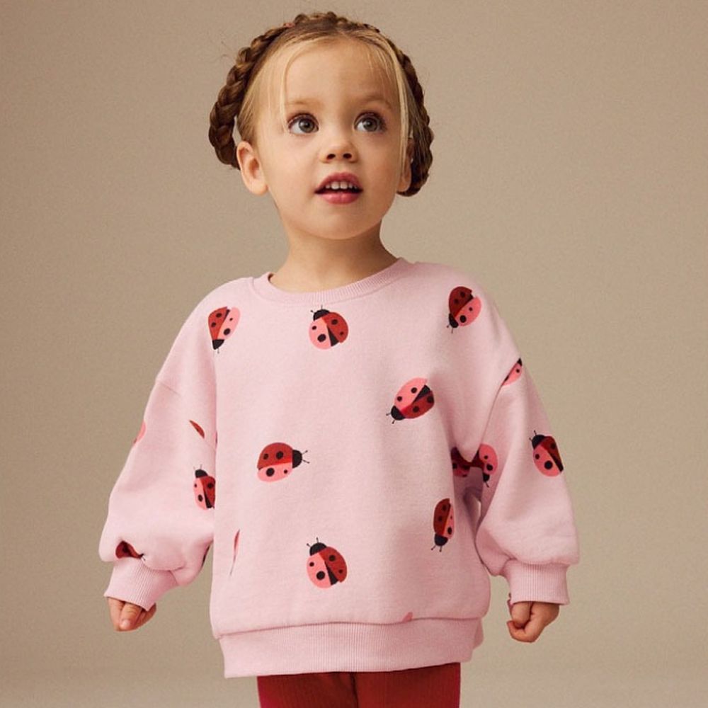 棉質圓領長袖上衣/大學T-可愛瓢蟲-粉色