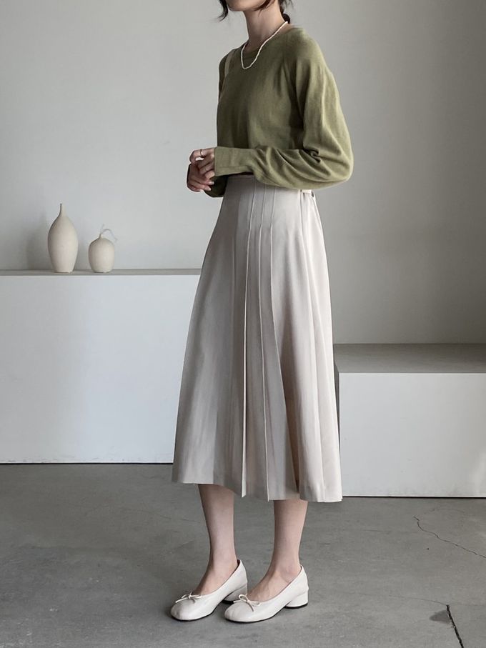 韓國女裝連線 - 淑女後鬆緊綁帶蝶結打褶中長裙-米 (FREE)