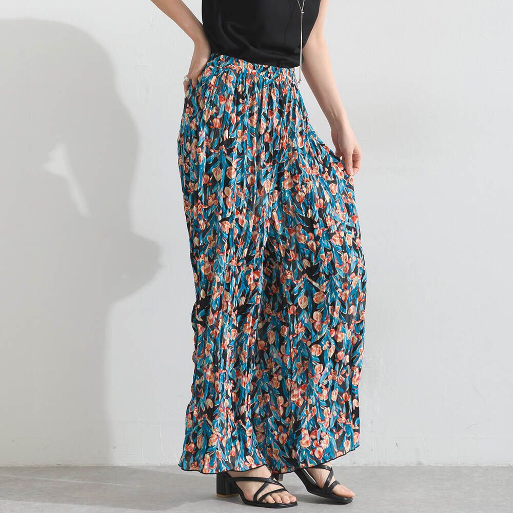 華麗藝文花卉飄逸感皺褶寬褲-黑藍系
