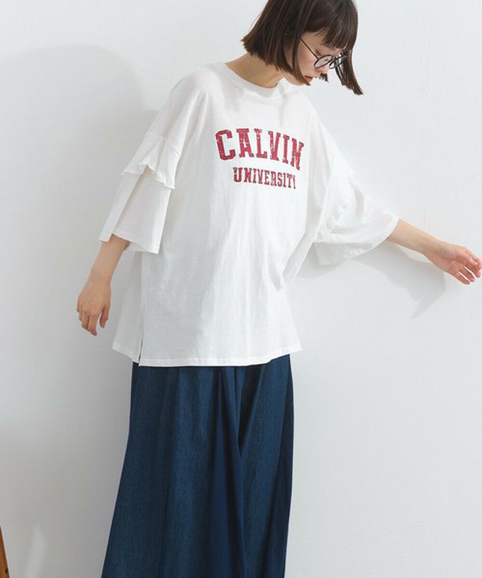 日本 Lupilien - 接觸冷感 學院風印花荷葉寬袖上衣-橘