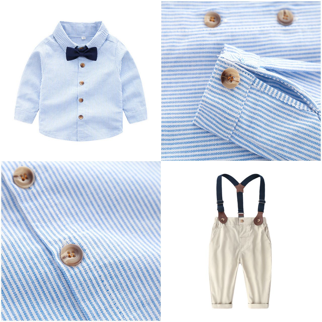 條紋小紳士長袖套裝-淺綠色