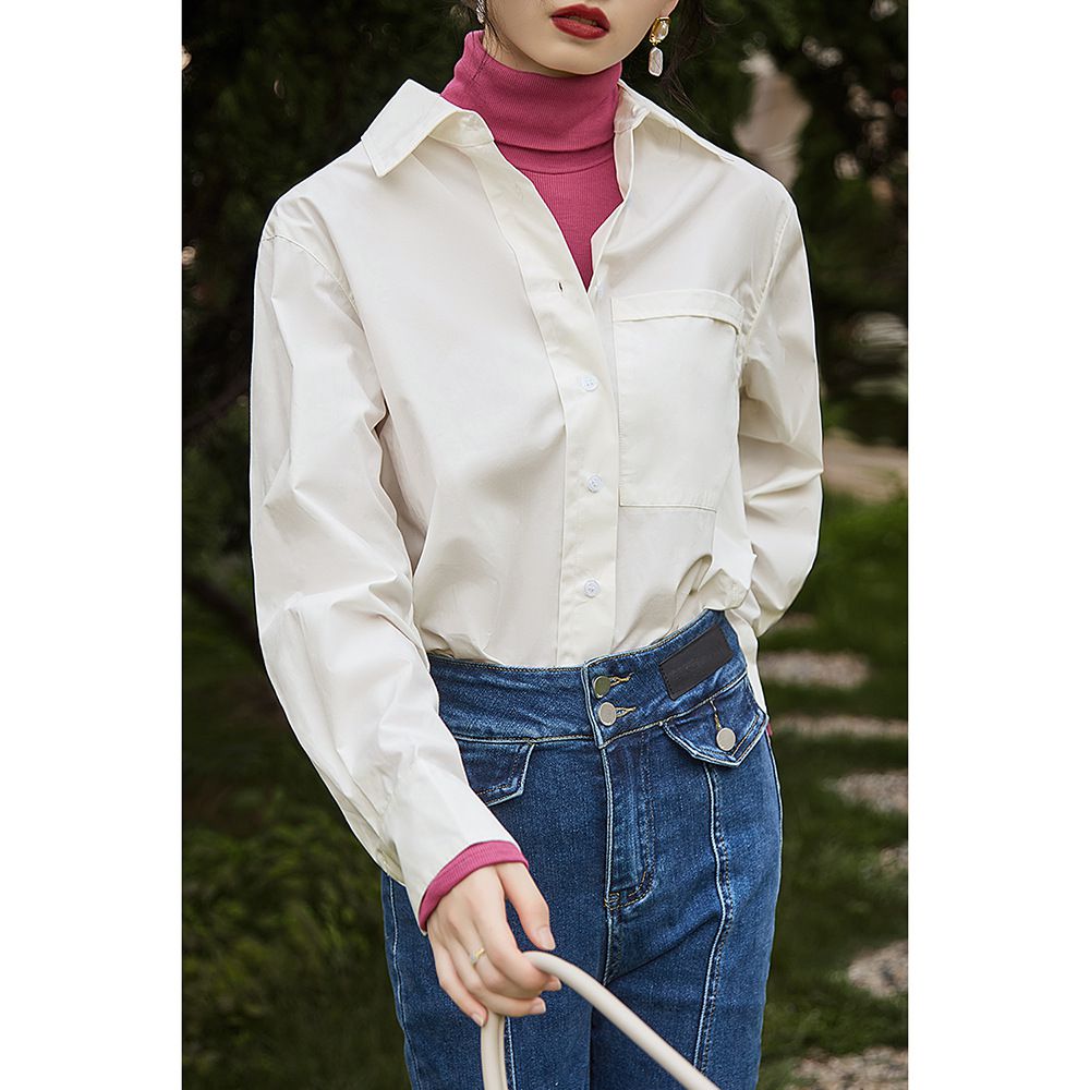 時尚寬鬆貼口袋長袖襯衫-白色