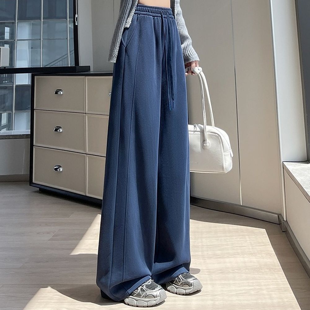 顯瘦修身運動休閒直筒闊腿褲-藏青