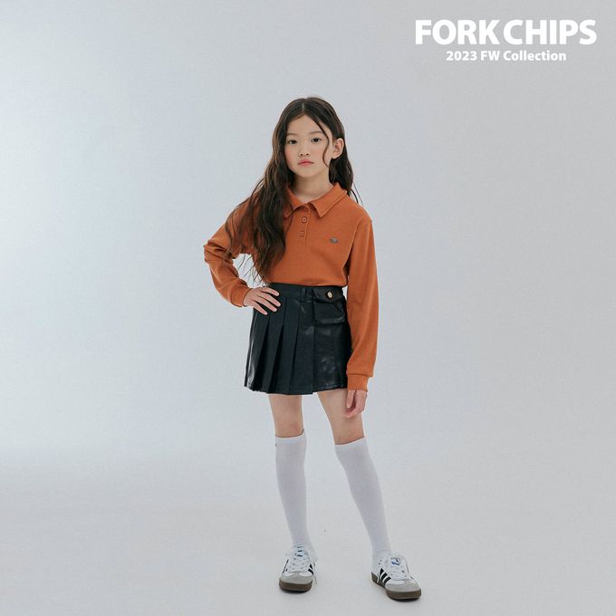 韓國 FORK CHIPS - 金屬裝飾直坑條翻領長袖上衣-磚紅