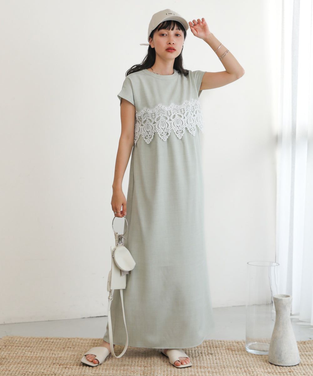 日本 Bab - 前蕾絲拼接短袖洋裝-黑