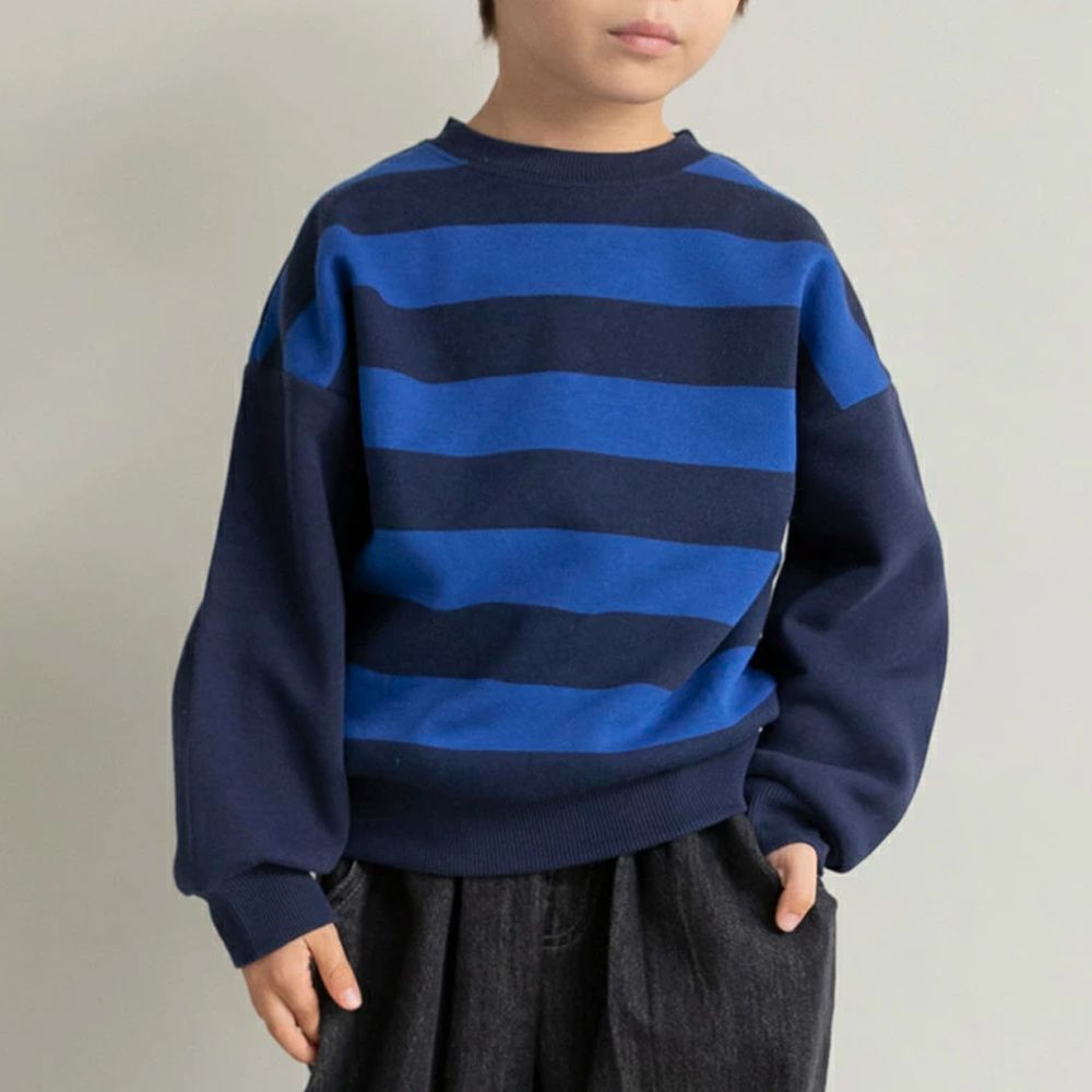 裏起毛 舒適縮口長袖上衣-條紋-深藍