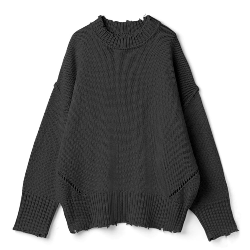 日本 GRL - 寬鬆修身線條微抓破邊衣領針織毛衣-時尚黑