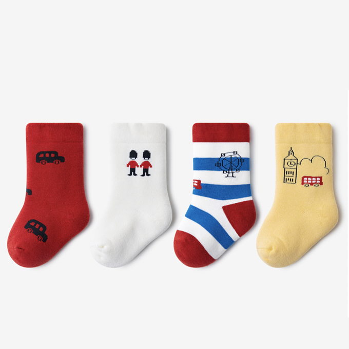 love, charlotte - 秋冬季英國衛兵無骨加厚毛圈內裡中筒棉襪(腳長9cm起)-4 雙一組