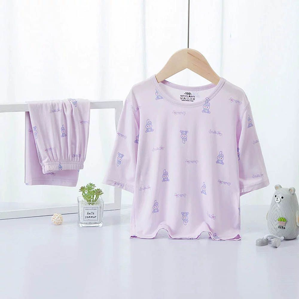 輕盈透氣七分袖家居服套裝/空調服-兔子-紫色