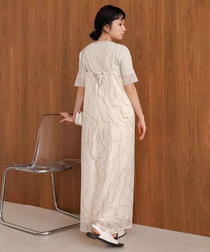 日本 Bab - 大理石印花雙層薄紗細肩帶洋裝-象牙白 (Ｍ)