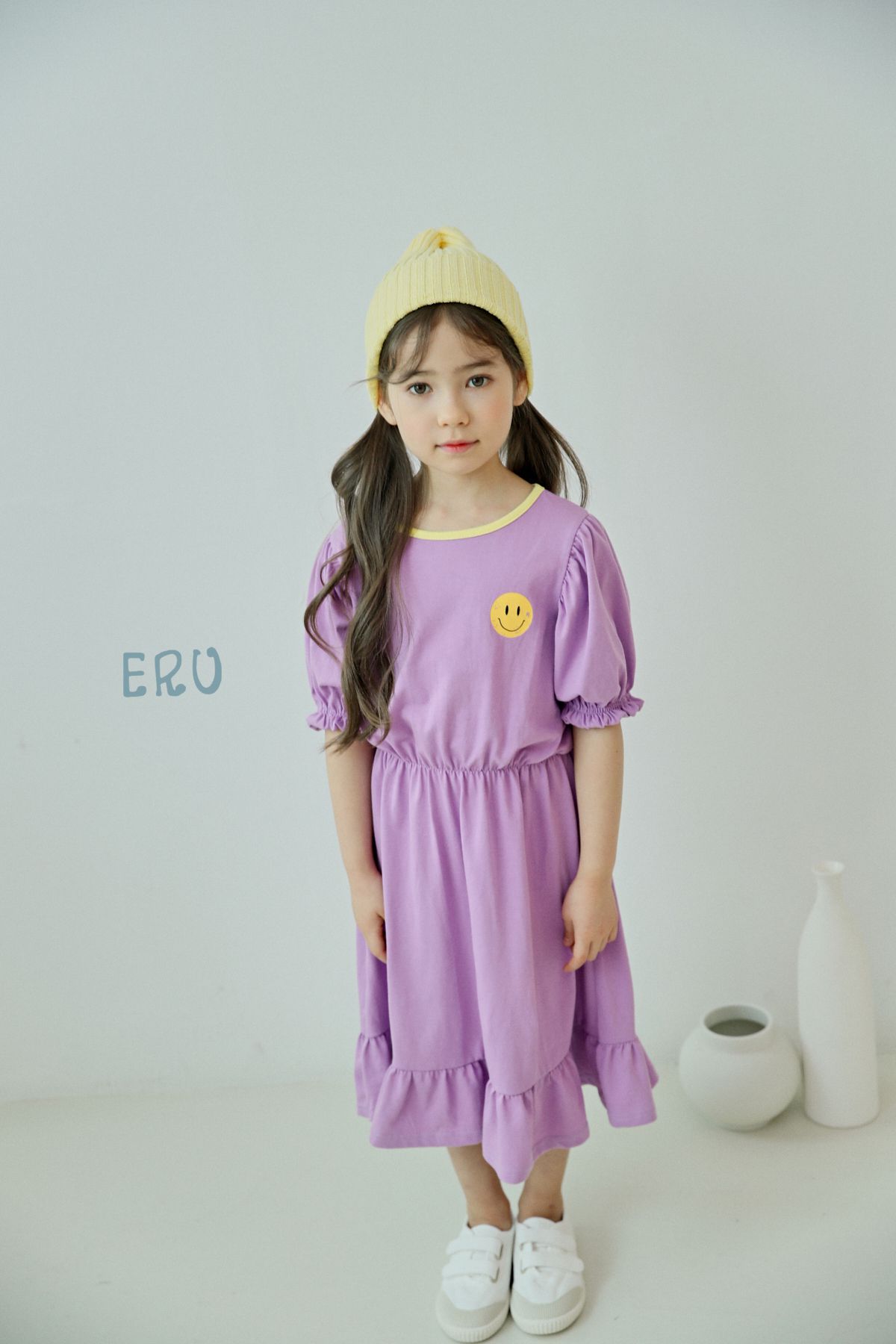 韓國 ERU - 活力笑臉縮腰洋裝-草莓粉