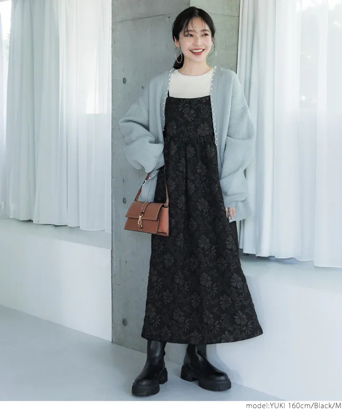 日本 COCA - 浪漫緹花平口吊帶裙-黑