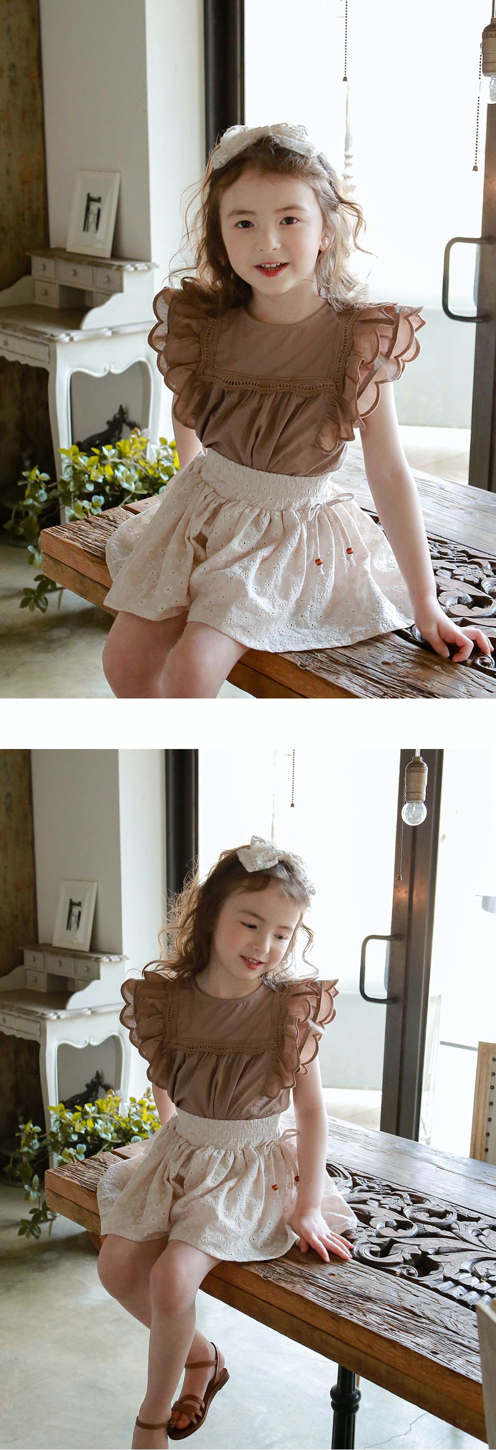 韓國 PuellaFLO - 蝴蝶狀荷葉袖上衣-摩卡