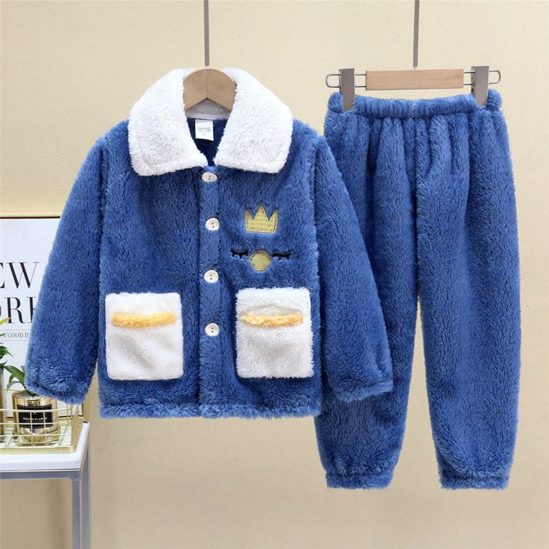 法蘭絨兒童長袖睡衣-皇冠企鵝-灰藍色