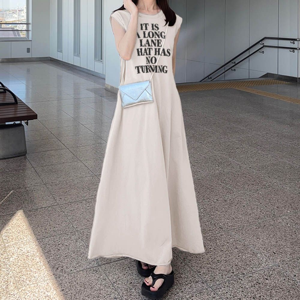 100%棉 英文字印花休閒無袖洋裝-象牙 (F)