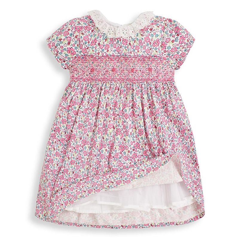 英國 JoJo Maman BeBe - 超優質嬰幼兒/兒童100％純棉短袖洋裝-小粉花