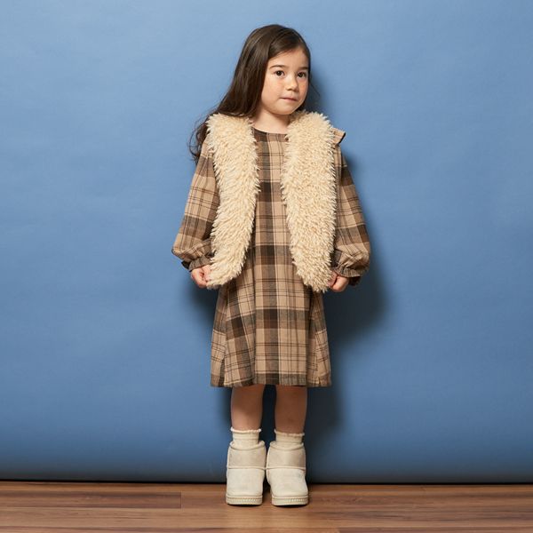 日本 Lycee mine - 法蘭絨浪漫細節長袖洋裝-卡其格紋