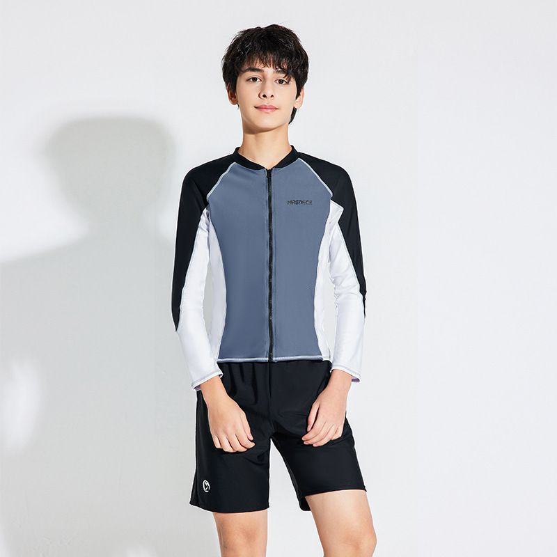 大童男孩長袖泳衣套裝(三件組)-拼色款-黑+白+紫-泳衣、長泳褲、短泳褲