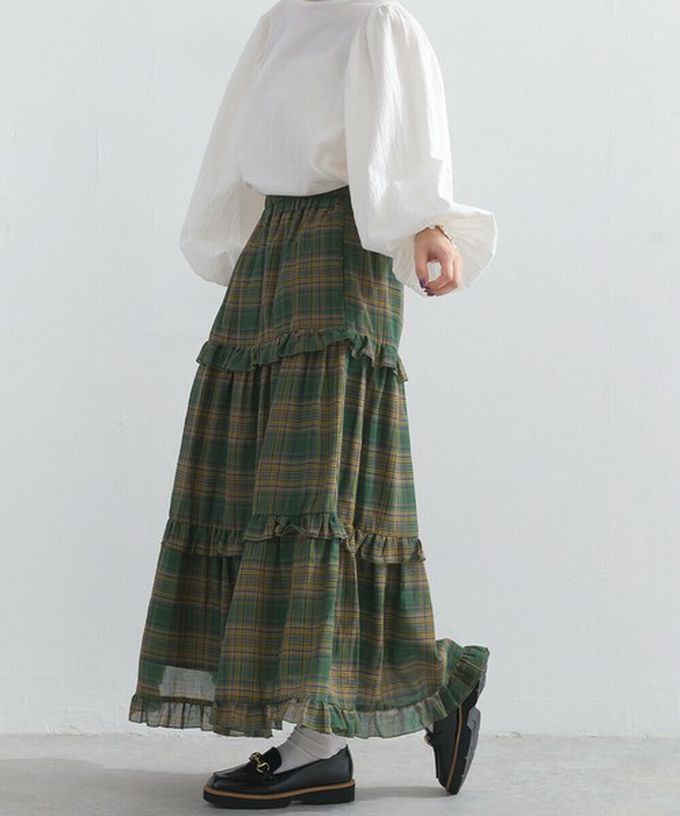 日本 Lupilien - 精緻格紋輕盈感分層俏麗長裙-黃綠