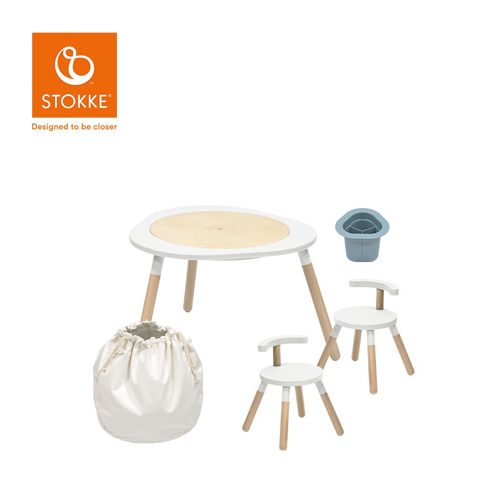 Stokke - 挪威 MuTable V2 多功能遊戲桌經典組  (一桌二椅+玩具收納袋-米白+筆筒-藍)-霜降白