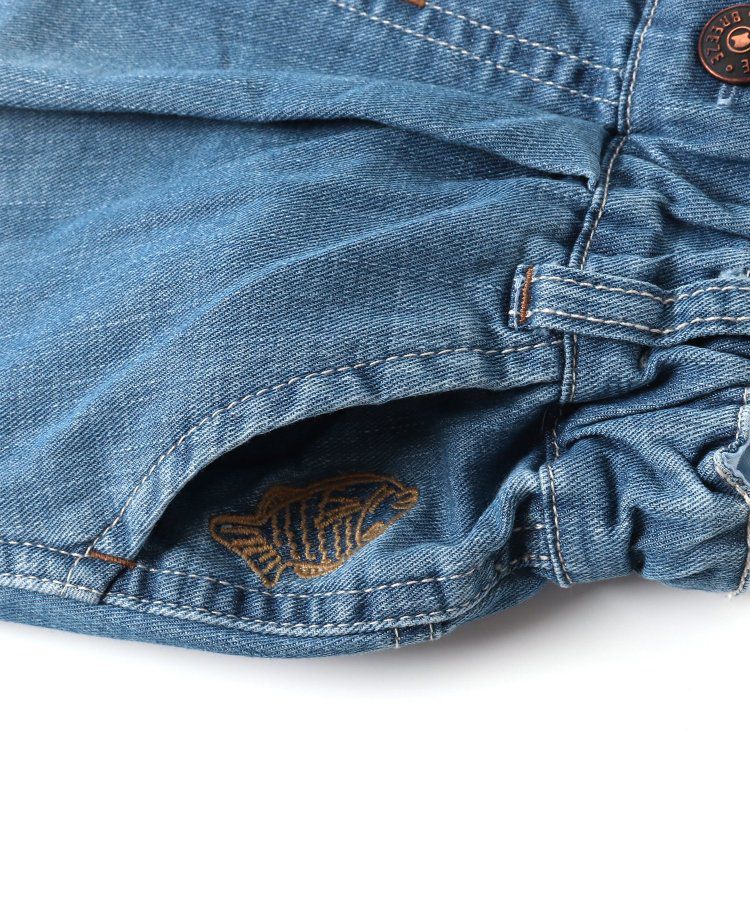 日本 BREEZE - 夏日祭典逗趣刺繡手巾牛仔短褲-幽默師匠-淺藍