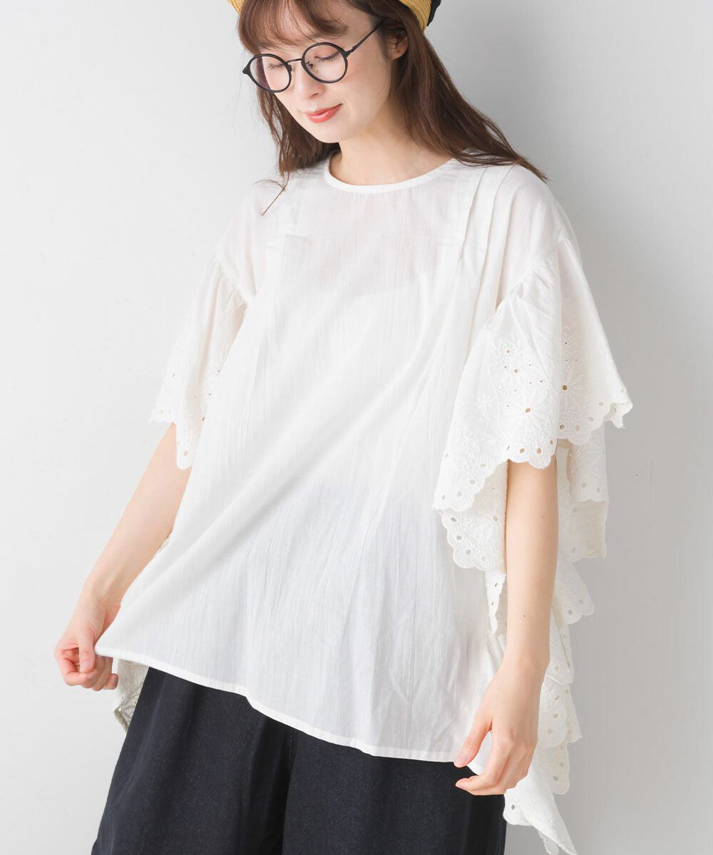 日本女裝代購 - 文藝刺繡大波浪寬鬆短袖上衣-經典黑