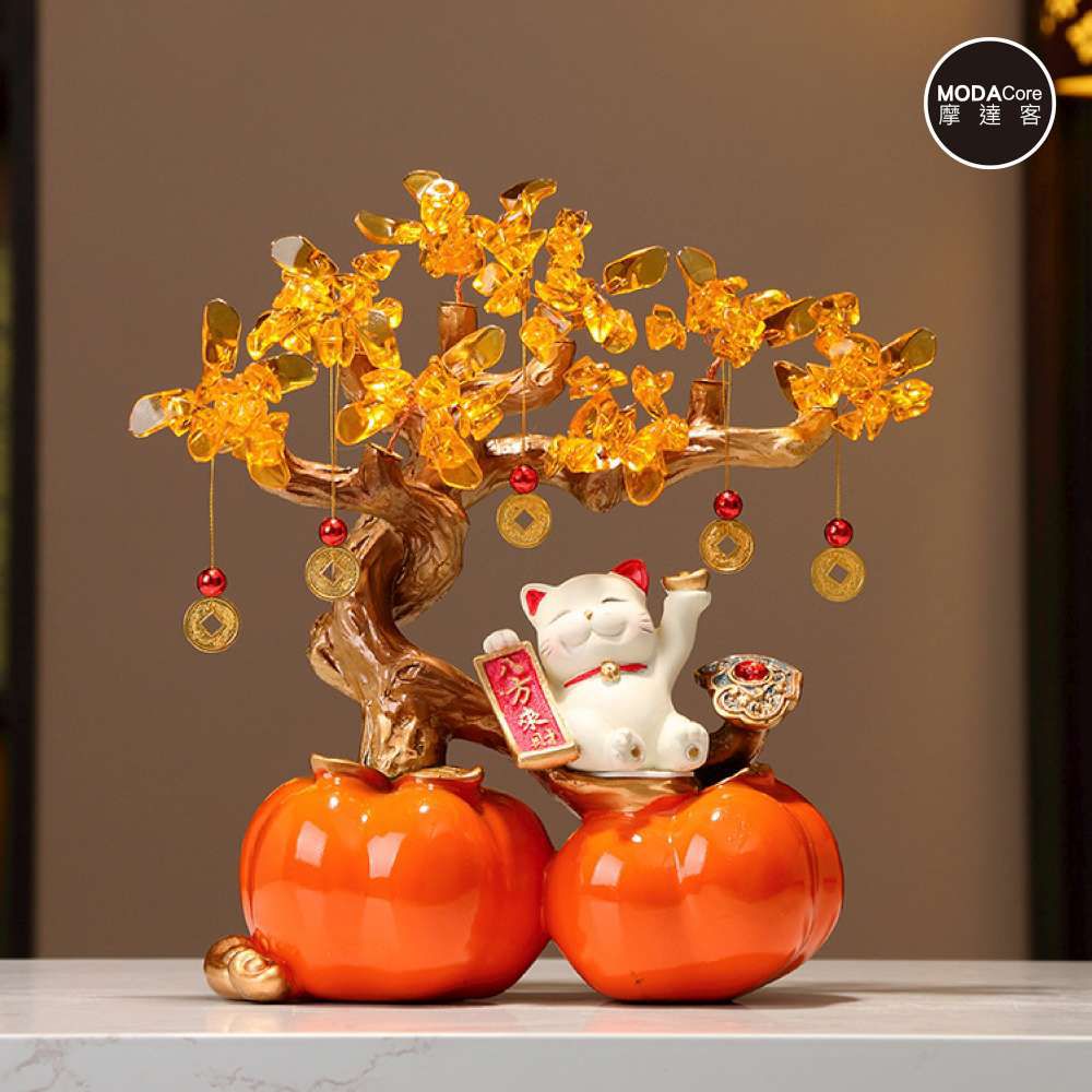 ◉開運招財◉雙份柿柿如意八方來財招財貓金錢樹擺飾_客廳玄關臥室好風水好運勢