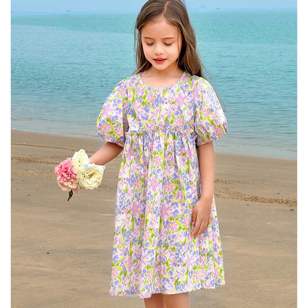 純棉甜美小澎袖洋裝-滿版印花-粉紫色