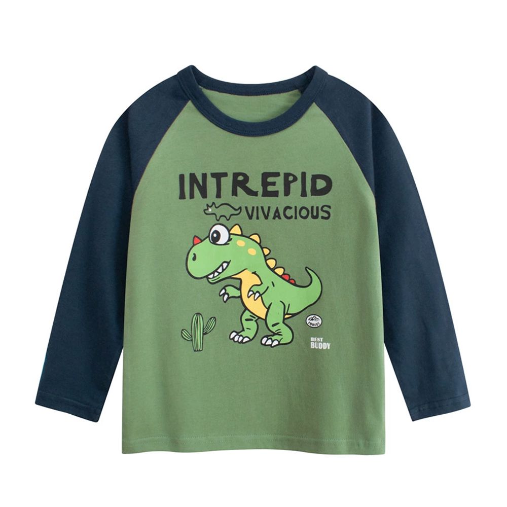 純棉長袖上衣-活力恐龍-綠/藏青